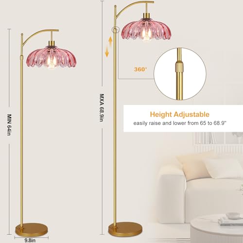 QIYIZM Pink Floor Lamp for Living Room,Bedroom,Gold Dimmable Standing Lamp with Remote,Mid Century Modern Brass Tall Lamp Boho Floor Lamps Arc Stained Glass Flower Floor Light Lamp Girls kids Bohemian - size: 22-Floor Lamp