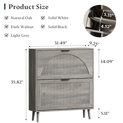 Xixini Shoe Storage Cabinet with 2 Flip Drawers, 36" Tall Narrow Wood Fluted Shoe Organizer for Entryway, Freestanding Wooden Hidden Slim Shoe Rack for Front Door Entrance, Hallway, Foyer, Light Grey - color: Light Grey, size: 2 Flip Drawers