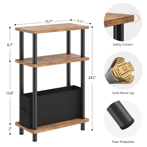 Apicizon Narrow Side Table with Fabric Basket, 3-Tier End Table,Brown Black | Sofa Side Table, Wood Storage Shelf, Slim Nightstand, Skinny Bedside Table for Narrow Spaces, Living Room, Bedroom - color: Rustic Brown and Black, style: Narrow Side Table with