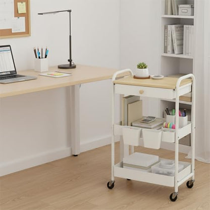 3 Tier Rolling Cart with Wooden Table Top, White Rolling Utility Cart with Drawer & Locked Wheels, Easy Assembly for Nursery, Living Room, Studio - color: White
