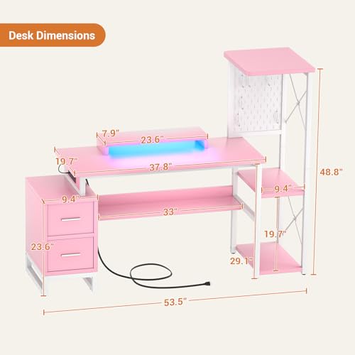 Computer Desk with 2 Fabric Drawers - Reversible Home Office Desk with Power Outlet & LED Lights, 53" Writing Desk with Monitor Stand & Storage Shelves, Gaming Desk Study Table with Pegboard, Pink - color: Pink