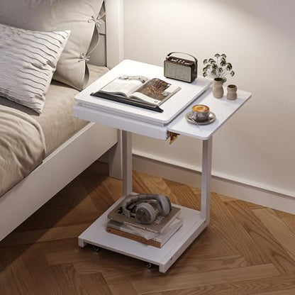 C Shaped End Table for Couch Rolling Side with Wheels White | Wood, Desk Tv Tables, with Folding Desktop, Lockable Wheel, with Hidden Storage, for Living Room, Bedroom - color: White