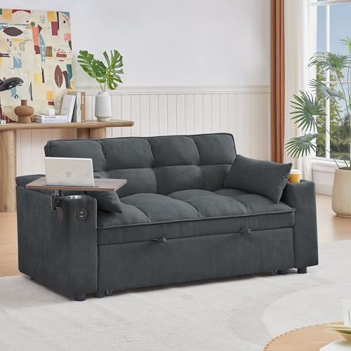 65'' 3-in-1 Folding Convertible Sofa Bed, Pullout Sofa, Modern Chenille Fabric, 360° Swivel Side Table, Easy Assembly, Perfect for Living Room, Grey - color: 1107-dark Grey