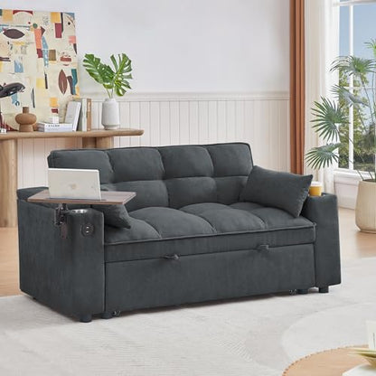 65'' 3-in-1 Folding Convertible Sofa Bed, Pullout Sofa, Modern Chenille Fabric, 360° Swivel Side Table, Easy Assembly, Perfect for Living Room, Grey - color: 1107-dark Grey