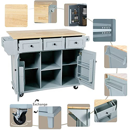 Kitchen Island, Rolling Kitchen Cart with Drop Leaf Top | Drop leaf countertop expands prep and serving space, folds down to save room in compact kitchens or dining areas - color: Blue + Mdf + Rubber Wood
