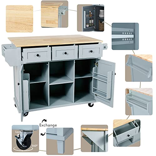 53'' Rolling Kitchen Island with Storage, Large Kitchen Cart On Wheels with Drop Leaf & Power Outlet & Drawers, Mobile Kitchen Table with 3 Drawers, for Dining Room (Grey Blue) - color: Grey Blue