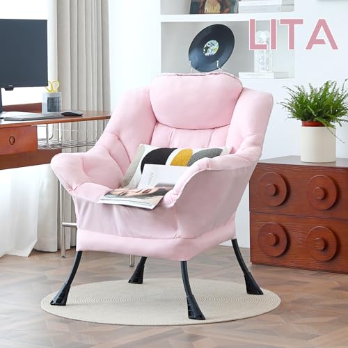 Lazy Chair with Ottoman, Comfy Accent Reading Chair, Pink | Foldable Footrest,Removable Cover,with Armrests and Side Pockets,Upholstered Lounge Chair for Bedroom,Dorm,Office,Small Space - color: Single Pink