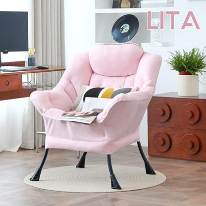 Lazy Chair with Ottoman, Comfy Accent Reading Chair, Pink | Foldable Footrest,Removable Cover,with Armrests and Side Pockets,Upholstered Lounge Chair for Bedroom,Dorm,Office,Small Space - color: Single Pink