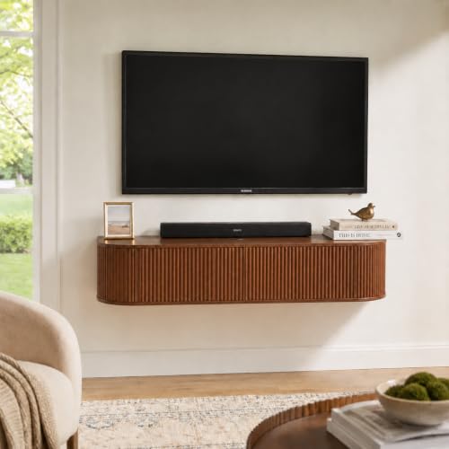 IINE'a 55" Fluted Floating TV Stand, Wall-Mounted Media Console (Walnut) | Hidden storage, soft-close doors, cable grommet, rounded ends and 110 lb top load for living rooms, bedrooms and condos - color: Walnut, size: 55 INCH