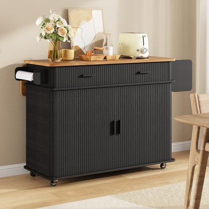 56" Kitchen Island on Wheels with Drop Leaf Countertop, Large Mobile Island Table with 2 Drawers and Spice Rack and Tower Rack, Mid-Century Modern Island Cart with Storage for Kitchen, Black - color: Black