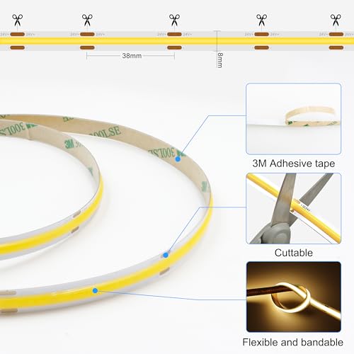 AXMOTUT 65.6ft COB LED Strip Light Warm White, High Bright LED Strips with 320LEDs, RF Remote and UL Power Supply, 3000K Dimmable LED Lights for Bedroom,Kitchen, DIY Home Decoration, 2 Rolls of 32.8ft - size: 3000K/65.6ft