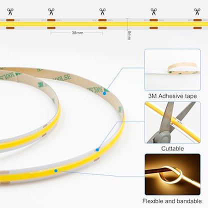 AXMOTUT 65.6ft COB LED Strip Light Warm White, High Bright LED Strips with 320LEDs, RF Remote and UL Power Supply, 3000K Dimmable LED Lights for Bedroom,Kitchen, DIY Home Decoration, 2 Rolls of 32.8ft - size: 3000K/65.6ft