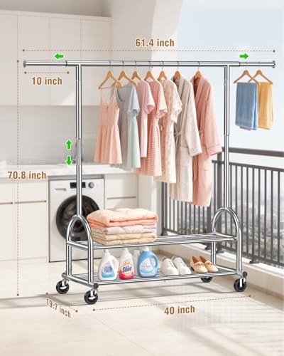 Heavy Duty Clothes Rack for Hanging Clothes Load 556 LBS, Height Adjustable Rolling Clothing Racks, Portable Metal Coat Rack Garment Wardrobe with Wheels and Shelves for Bedroom Laundry, Silver - color: Silver, style: 2 Shelves