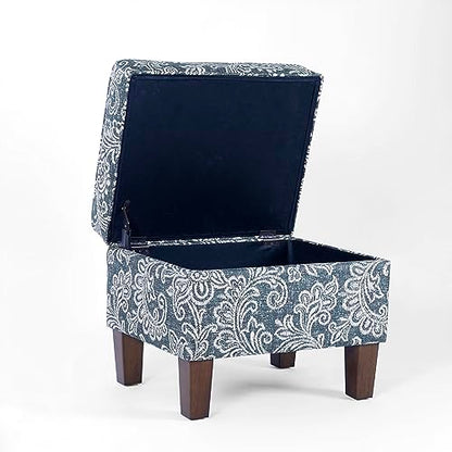 HomePop 22" Modern Rectangular Storage Ottoman - Blue Denim Jacobean Print - color: Blue Denim Jacobean Print