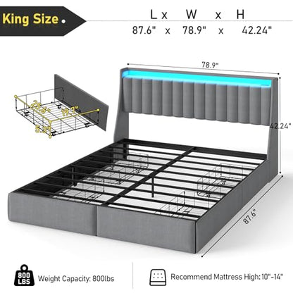 SADENICEL King Size Bed Frame with 4 Storage Drawer, King Bed Frame, Grey | Headboard with Charging Station and LED Lights, Metal Platform Bed with Storage Shelf, Noise Free, No Box Spring Needed - size: King, style: Channel Tufted & 4 Storage Drawers