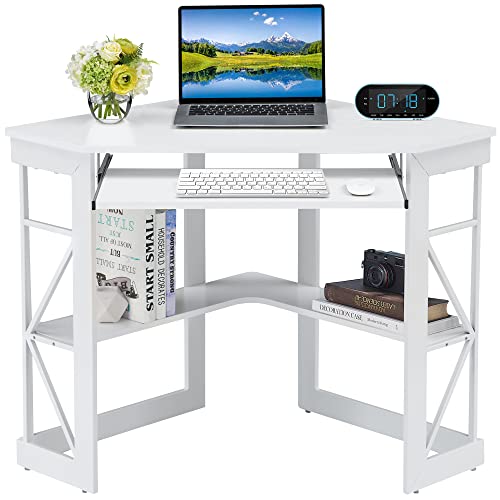 VECELO Corner Computer Desk 41 x 30 inches with Smooth Keyboard & Storage Shelves for Home Office Workstation, White - color: White