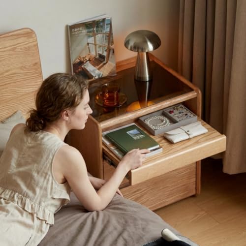 Solid Oak Nightstand with Hidden Drawers, Natural Wood Night Stand with Wheels, Rolling Bedside Table with Glass Tabletop and Open Shelf, Modern Nightstand for Bedroom, Living Room(25.59" H) - color: Natural, size: 1 pc(13.78"D x 19.69"W x 25.59"H )