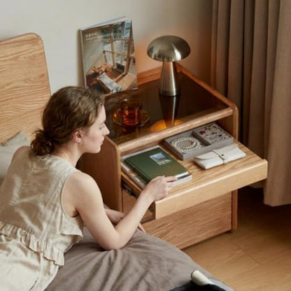 Solid Oak Nightstand with Hidden Drawers, Natural Wood Night Stand with Wheels, Rolling Bedside Table with Glass Tabletop and Open Shelf, Modern Nightstand for Bedroom, Living Room(25.59" H) - color: Natural, size: 1 pc(13.78"D x 19.69"W x 25.59"H )