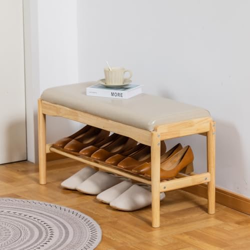 latifolia Small Shoe Bench, Solid Wood Bench with Cushion, 2 Tier Shoe Storage Organizer for Entryway(Nature,31.50''L) - color: Grey and Nature, size: 31.50''L