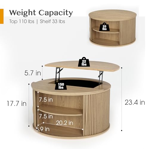 JOINICE Round Lift Top Coffee Table with Storage for Living Room,31.5" | Oak Drum Design,Hidden Storage&Open Shelf,Modern Fluted Center Table for Small Apartments,Easy Assembly,Up to 150 lbs - color: Oak_round_lift Top