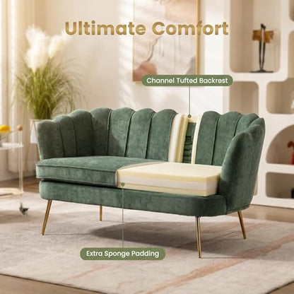 Modern Green Chenille Loveseat Couch Futon Small Sofa with Gold Metal Legs | 2-Seater Upholstered Mini Sofa Couches for Small Space Living Room Bedroom Office Dorm Studio Apartment Love Seat Couche - color: Green