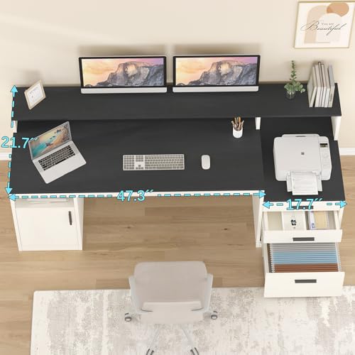 65" Computer Desk with 3 Drawers & Printer Shelf for Home Office | Office Desk with Printer Shelf & File Drawer, Executive Desk Writing Study Table with Monitor Stand, Black & White - color: Black & White