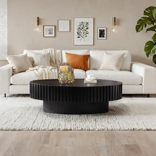 Oval Drum Fluted Coffee Table (A) | Modern Wood Coffee Table with Oval Pedestal Center Tables Fluted Accent Tea Tables for Apartment Living Room - color: A