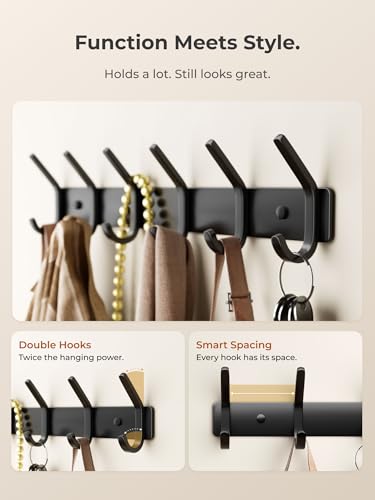 Coat Rack Wall Mount Hooks - 15 Inch Black Metal 6-Hook Rack(2 Pack) | Modern Kids Room, Entryway & Bathroom Hanger for Towels, Coats, Purses, Bags - color: Black, size: 2 Pack