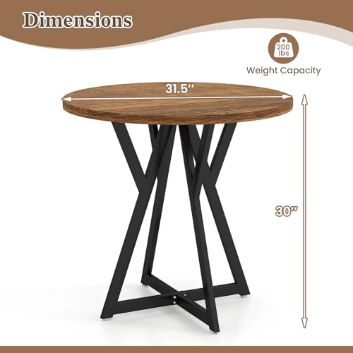 Small Dining Table, 31.5" Round Kitchen Table for 2 with X-Shaped Metal Pedestal Base, Wooden Dining Room Table for Small Spaces, Cafe, Apartment, Living Room, Office (Rustic Brown+Black)