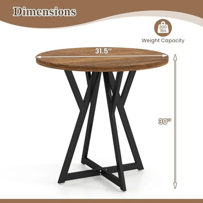 Small Dining Table, 31.5" Round Kitchen Table for 2 with X-Shaped Metal Pedestal Base, Wooden Dining Room Table for Small Spaces, Cafe, Apartment, Living Room, Office (Rustic Brown+Black)