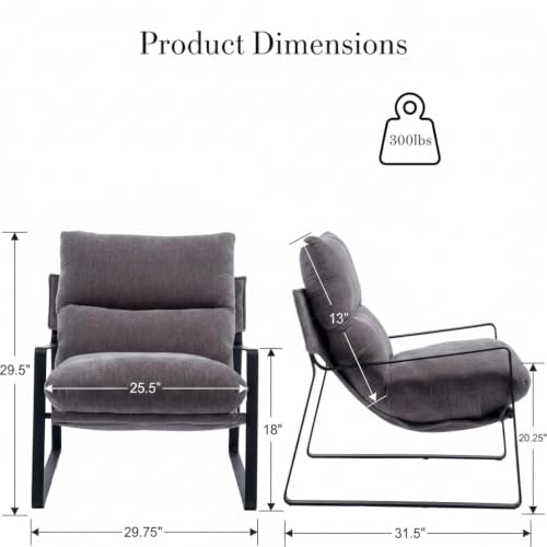 Set of 2 Modern Accent Chair, Linen Living Room Chair, Grey | Comfy Armchairs, Upholstered Lounge Armchair, Removable Seat Cushion, Black Metal Frame, For Reading Room, Bedroom, Balcony - color: Grey, size: 2PCS
