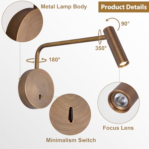 ZEROUNO Wall Mounted Reading Light for Bedroom, Hardwired Sconces with Switch LED 3000K Bedside Reading Lamp (Bronze) - color: Bronze