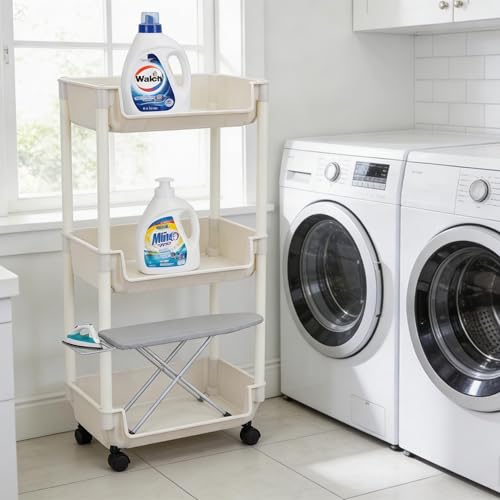 3-Tier Rolling Storage Cart, White Plastic, Slim Organizer for Kitchen, Bathroom, and Office, 11 x 7.5 x 44 Inches