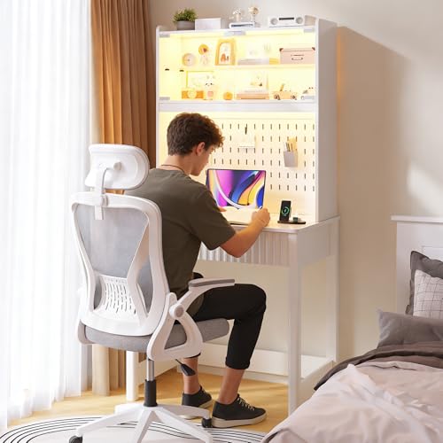 Lvifur Small Writing Desk with Power Outlet - LED Study Desk with Drawer & Hutch, Home Office Desk with Shelf & Pegboard, Space Saving Study Table Work Station for Dorm, Living Room (White) - color: White86023