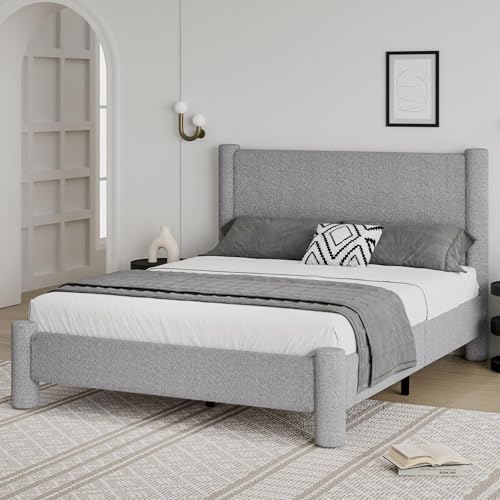 REVOMINCA Queen Boucle Bed Frame with Headboard & Footboard, Light Grey | Upholstered platform frame has soft rounded corners, needs no box spring, and features easy assembly. - color: Grey, size: Queen