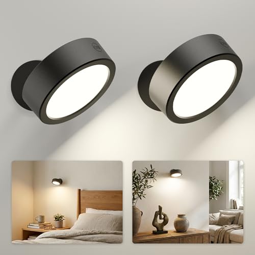 EZVALO LED Wall Mounted Light, 3000mAh Rechargeable Cordless Wall Sconce, Dimmable with Remote & Touch Control, 3 Color Temps, 360° Rotatable for Bedroom, Bedside (Black, 2 Pack) - color: Black