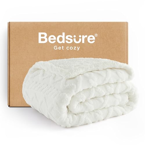 Bedsure Gentlesoft Sherpa Fleece Blanket Twin Size for Bed - Fluffy & Cozy Cable Jacquard Tufted for Women Gift, Thick and Warm Christmas Blanket for Winter, Cream, 60x80 Inches | Ultra-Soft, Cozy, Thick for Winter, Ideal for Couch, Dorm, Living Room, Gif