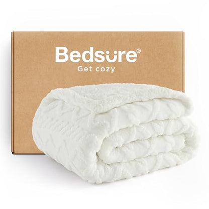 Bedsure Gentlesoft Sherpa Fleece Blanket Twin Size for Bed - Fluffy & Cozy Cable Jacquard Tufted for Women Gift, Thick and Warm Christmas Blanket for Winter, Cream, 60x80 Inches | Ultra-Soft, Cozy, Thick for Winter, Ideal for Couch, Dorm, Living Room, Gif