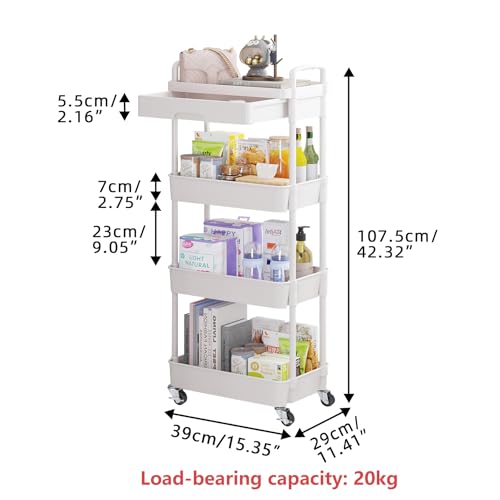 Calmootey 4-Tier Rolling Utility Cart with Drawer,Multifunctional Storage Organizer with Plastic Shelf & Metal Wheel,Storage Cart for Kitchen,Bathroom,Living Room,Office,White | Space-Saving Organizer, Sturdy Plastic Shelves, Smooth-Rolling Metal Wheels,