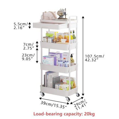 Calmootey 4-Tier Rolling Utility Cart with Drawer,Multifunctional Storage Organizer with Plastic Shelf & Metal Wheel,Storage Cart for Kitchen,Bathroom,Living Room,Office,White | Space-Saving Organizer, Sturdy Plastic Shelves, Smooth-Rolling Metal Wheels,