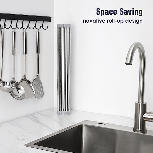 Tomorotec 17.7" x 15.5" Roll Up Dish Drying Rack Over Sink Drying Rack Sink Cover Kitchen Sink Accessories Gadget Multipurpose Organizer Foldable Stainless Steel Drainer (Grey) | Anti-Slip Silicone Rims For Grip, Heat-Resistant Trivet Mat Holding Heavy Co