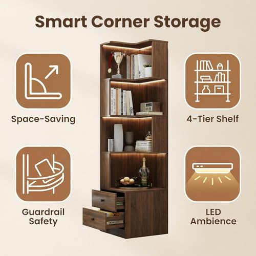4 Tier Corner Bookshelf with Drawers, L Shaped Freestanding Corner Bookcase with LED Lights and Baffle, Space Saving Display Shelf for Living Room, Bedroom, Home Office, Kitchen(Walnut) - style: Walnut-with drawers