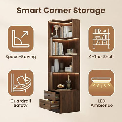 4 Tier Corner Bookshelf with Drawers, L Shaped Freestanding Corner Bookcase with LED Lights and Baffle, Space Saving Display Shelf for Living Room, Bedroom, Home Office, Kitchen(Walnut) - style: Walnut-with drawers