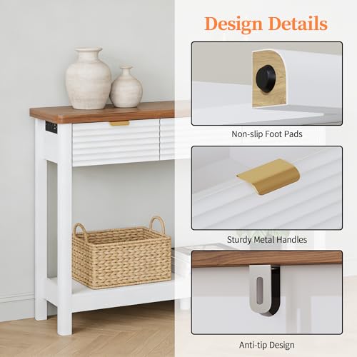 Fluted 47.2" Console Table with Outlets and USB C, Narrow Entryway Table with 3 Drawers, Modern Farmhouse Wood Sofa Table Behind Couch for Living Room, White & Walnut - color: Entryway Table-white