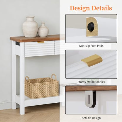 Fluted 47.2" Console Table with Outlets and USB C, Narrow Entryway Table with 3 Drawers, Modern Farmhouse Wood Sofa Table Behind Couch for Living Room, White & Walnut - color: Entryway Table-white