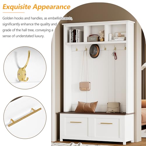 JIVOIT 4-in-1 Entryway Hall Tree with Brown Wood Grain Storage Bench, Wood Entryway Coat Hanger Hall Tree with 6 Golden Hooks, 2 Drawers, Coat Rack for Living Room, Hallway (White/31) - color: White/31