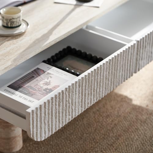 46.85" Coffee Table with Faux Marble Tabletop & Fluted Drawer for Living Room, Modern Rectangular Wooden Centre Table Tea Table for Apartment, Mars Pattern - color: 46.85" Coffee Table With Faux Marble Tabletop,beige