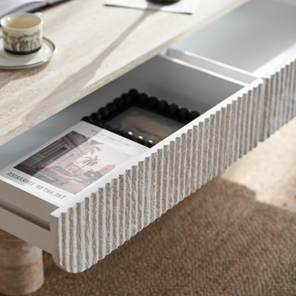 46.85" Coffee Table with Faux Marble Tabletop & Fluted Drawer for Living Room, Modern Rectangular Wooden Centre Table Tea Table for Apartment, Mars Pattern - color: 46.85" Coffee Table With Faux Marble Tabletop,beige