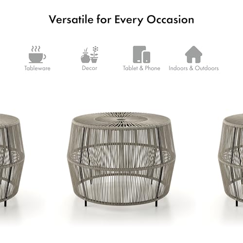 Furniture of America Ysar Boho Rattan Round Coffee Table Outdoor with Metal Frame, All-Weather and Rust Resistant, Handcrafted Coastal Furniture for Patio, Poolside, Garden, Yard, Gray - color: Grey/18.9 In.
