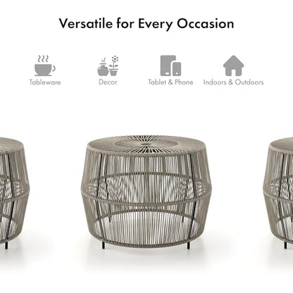 Furniture of America Ysar Boho Rattan Round Coffee Table Outdoor with Metal Frame, All-Weather and Rust Resistant, Handcrafted Coastal Furniture for Patio, Poolside, Garden, Yard, Gray - color: Grey/18.9 In.